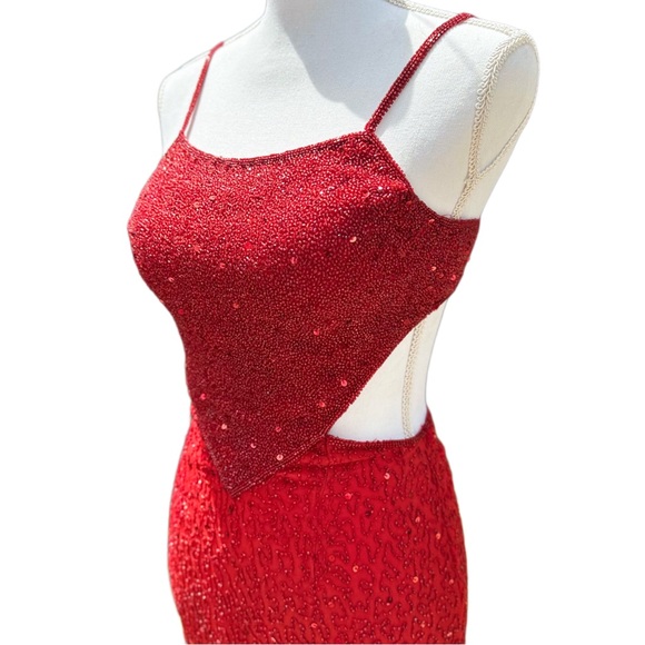 Y2K Scala Red Sequin & Beaded Floor Length Silk Open-back Prom Dress Size S - Picture 3 of 12
